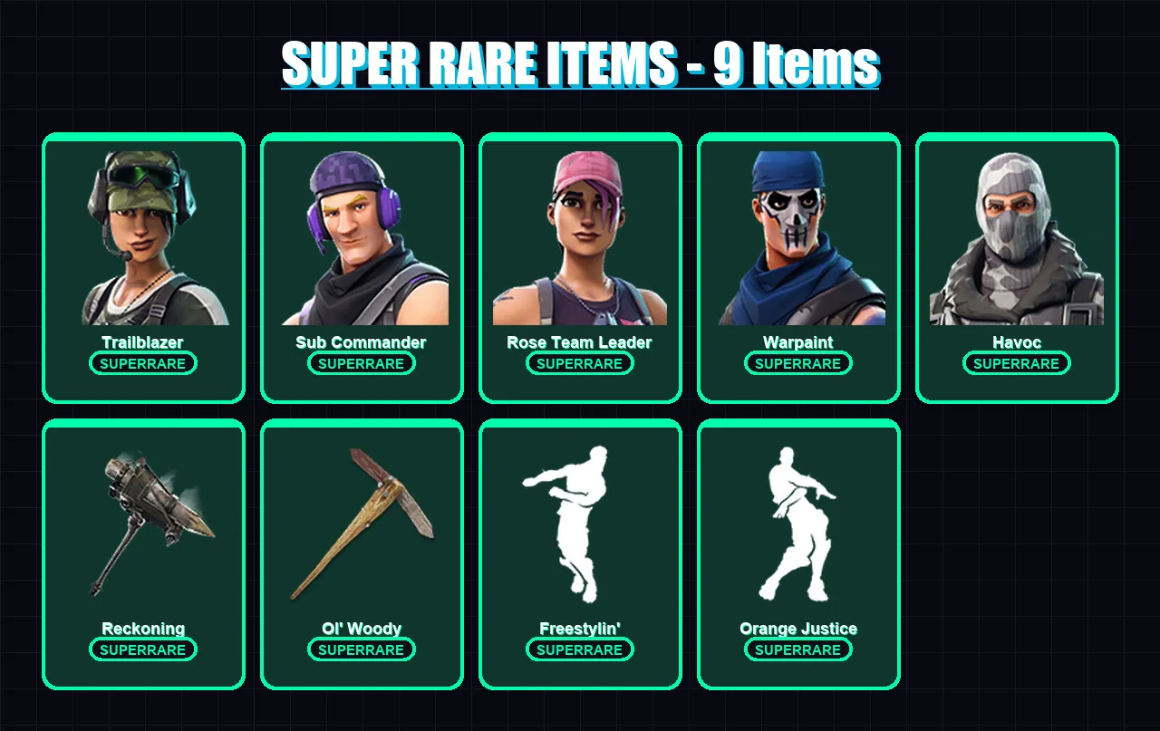 [PS4/PS5/XBOX/PC] | Trailblazer | Sub Commander | Rose Team Leader | Warpaint | Havoc | 36 skin | 97 pickaxe | 52 emote | 63 glider | Lv985