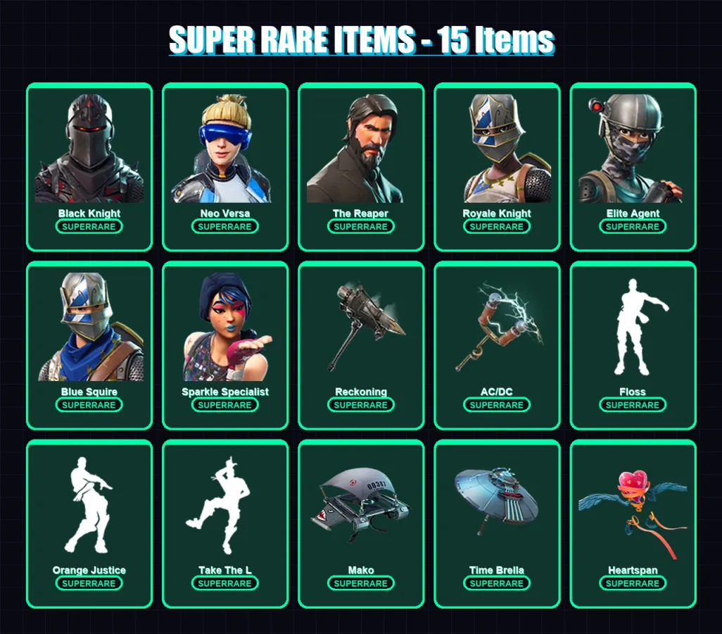[PS4/PS5/XBOX/PC] | Black Knight | Neo Versa | The Reaper | Royale Knight | Elite Agent | 77 skin | 82 pickaxe | 95 emote | 82 glider | Lv1728