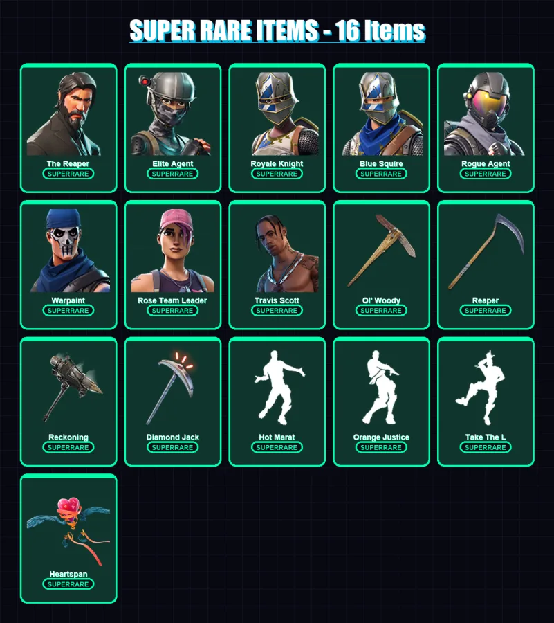 [PC] | The Reaper | Elite Agent | Royale Knight | Blue Squire | Rogue Agent | 124 skin | 97 pickaxe | 127 emote | 77 glider | Lv1016