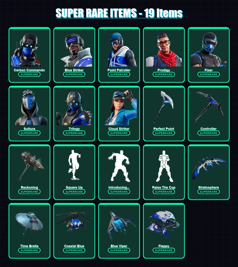 [PS4/PS5/XBOX/PC] | Carbon Commando | Blue Striker | Point Patroller | Prodigy | Fixer | 310 skin | 335 pickaxe | 294 emote | 190 glider | Lv2135