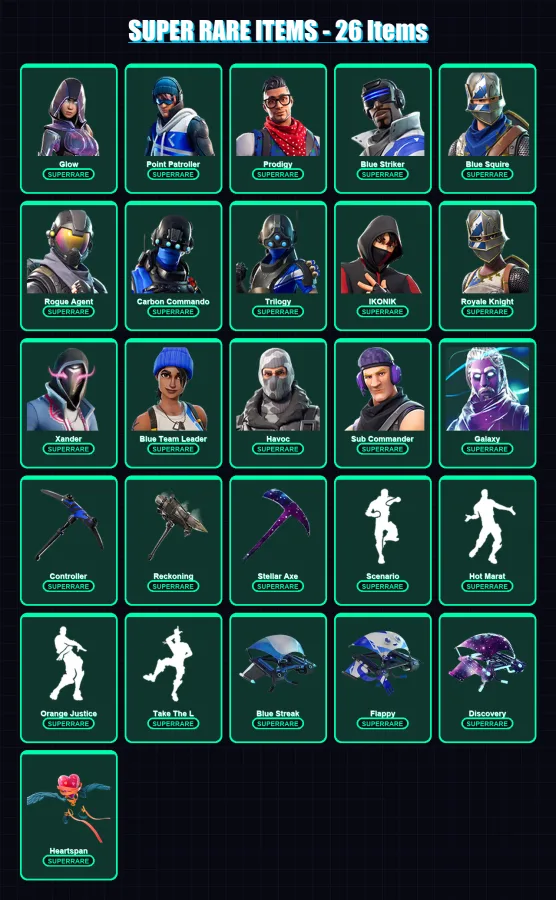 [PC/XBOX/PSN] | Glow | Point Patroller | Prodigy | Blue Striker | Blue Squire | 108 skin | 67 pickaxe | 111 emote | 78 glider | Lv1273