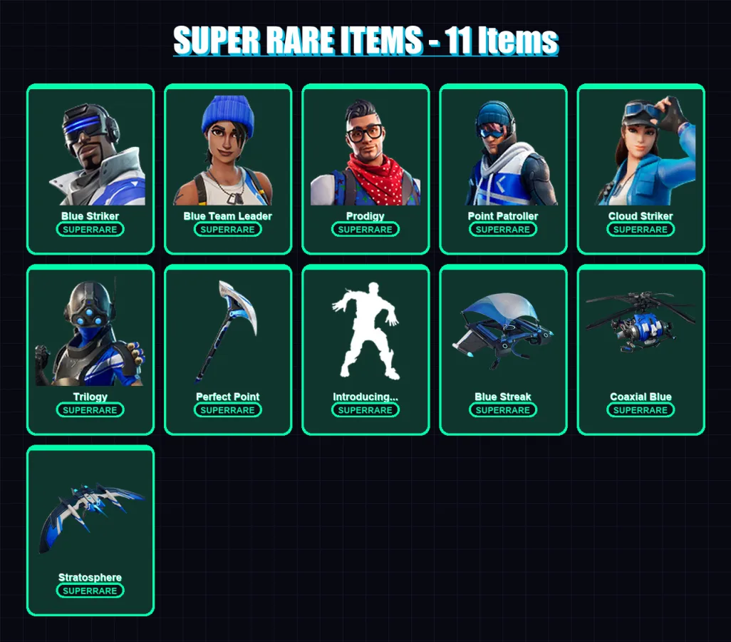 [PS4/PS5/XBOX/PC] | Blue Striker | Blue Team Leader | Prodigy | Point Patroller | Cloud Striker | 22 skin | 72 pickaxe | 36 emote | 54 glider | Lv89 — Fortnite account