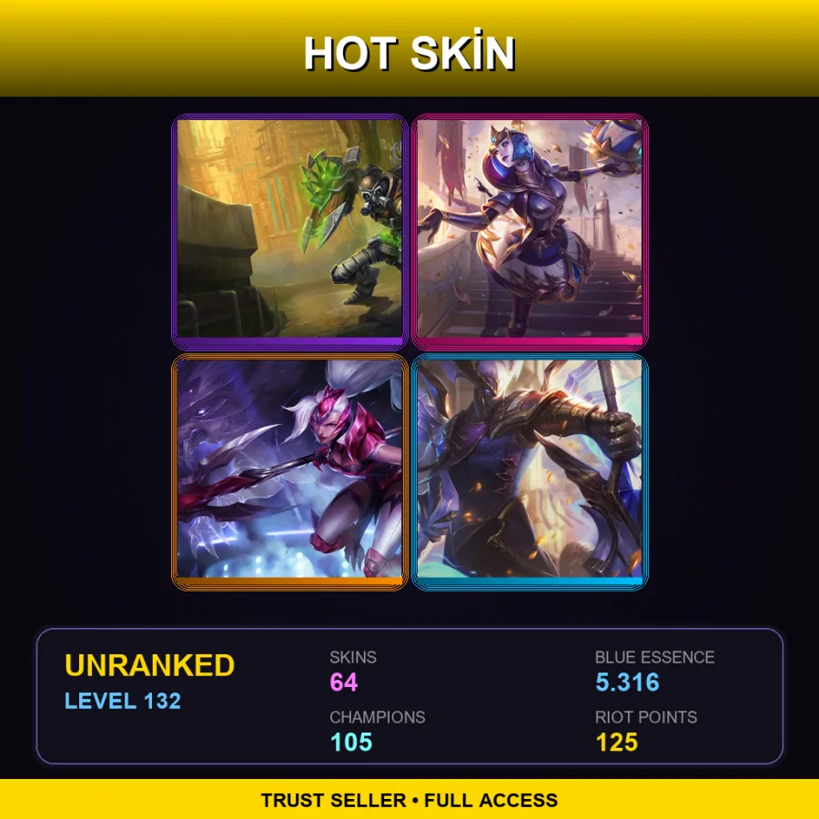 EUW | Lv132 | Unranked | 64 Skin | 105 Champ — LoL account