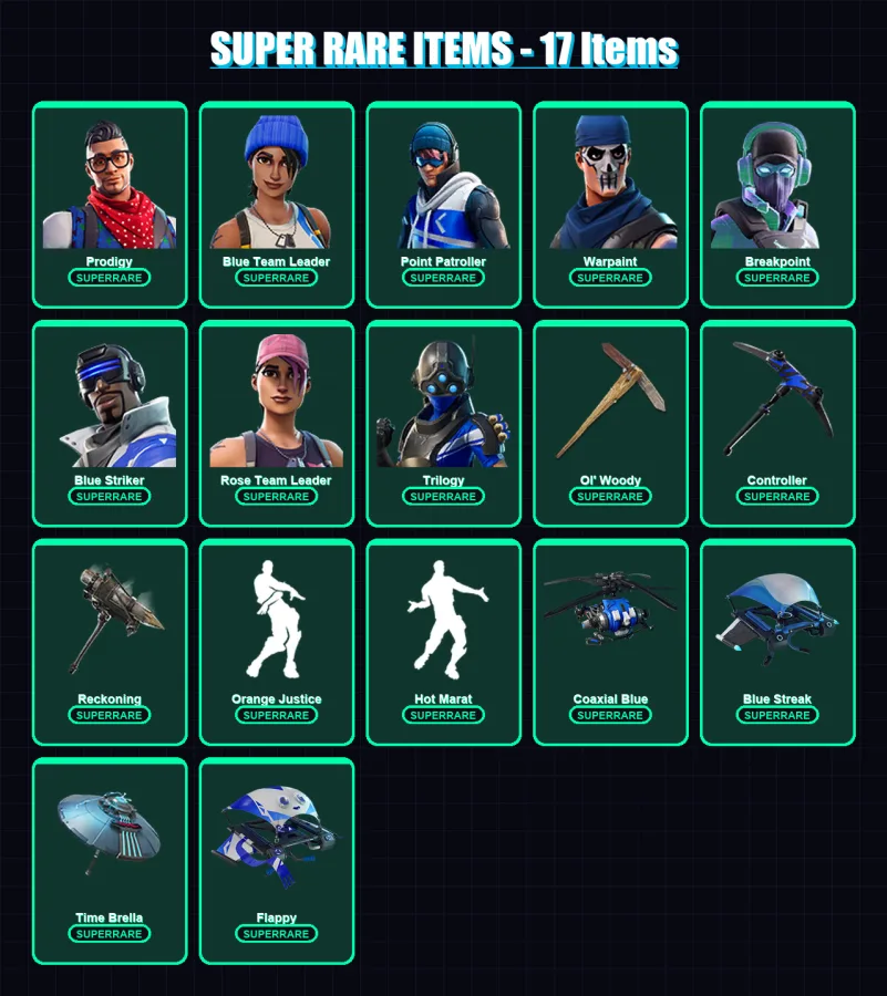 [PC/XBOX] | Prodigy | Blue Team Leader | Point Patroller | Warpaint | Breakpoint | 98 skin | 95 pickaxe | 113 emote | 107 glider | Lv1382