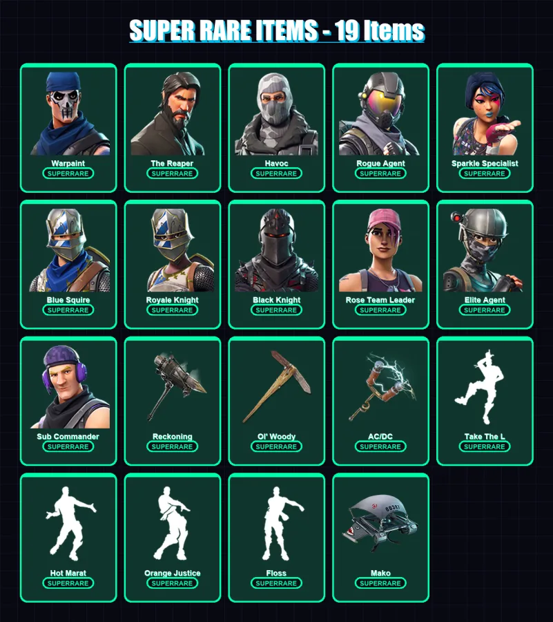 [PC/XBOX/PSN] | Warpaint | The Reaper | Havoc | Rogue Agent | Sparkle Specialist | 53 skin | 49 pickaxe | 41 emote | 45 glider | Lv407