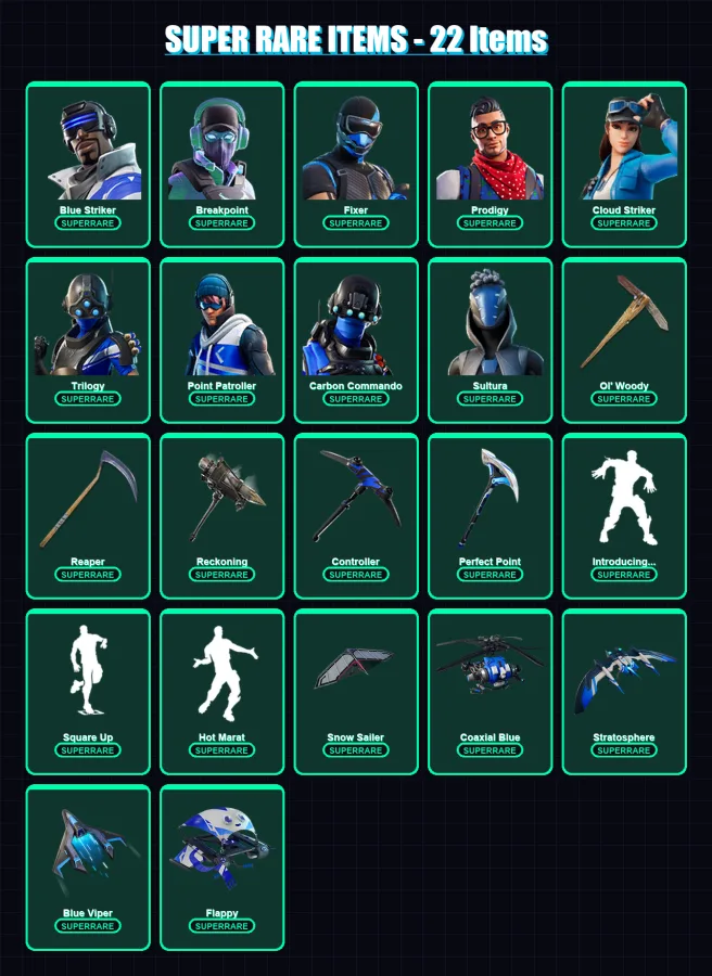 [PC/XBOX] | Blue Striker | Breakpoint | Fixer | Prodigy | Cloud Striker | 159 skin | 185 pickaxe | 147 emote | 166 glider | Lv2348