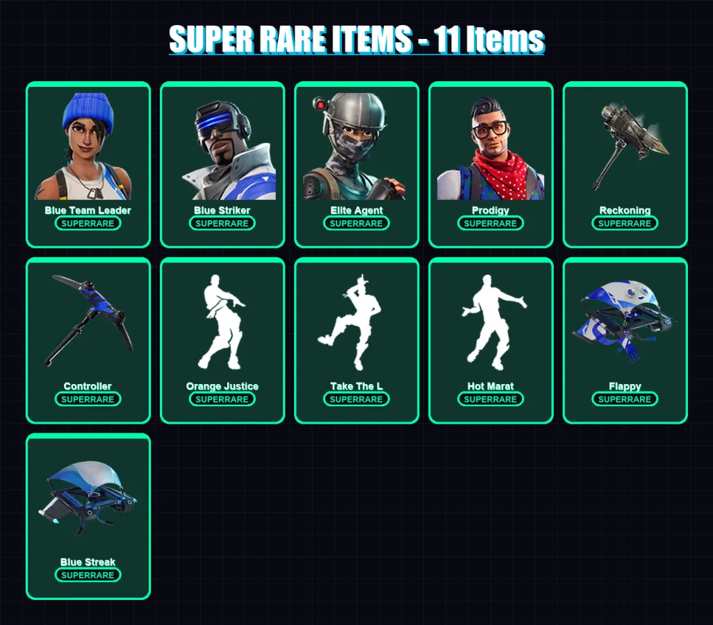 [PS4/PS5/XBOX/PC] | Blue Team Leader | Blue Striker | Elite Agent | Prodigy | Valor | 35 skin | 18 pickaxe | 36 emote | 25 glider | Lv341