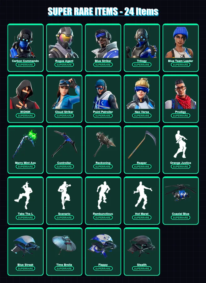 [PC/XBOX] | Carbon Commando | Rogue Agent | Blue Striker | Trilogy | Blue Team Leader | 177 skin | 180 pickaxe | 177 emote | 164 glider | Lv2865