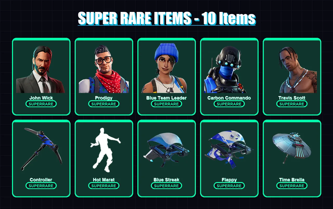 [PS4/PS5/XBOX/PC] | John Wick | Prodigy | Blue Team Leader | Carbon Commando | Travis Scott | 44 skin | 44 pickaxe | 57 emote | 45 glider | Lv581