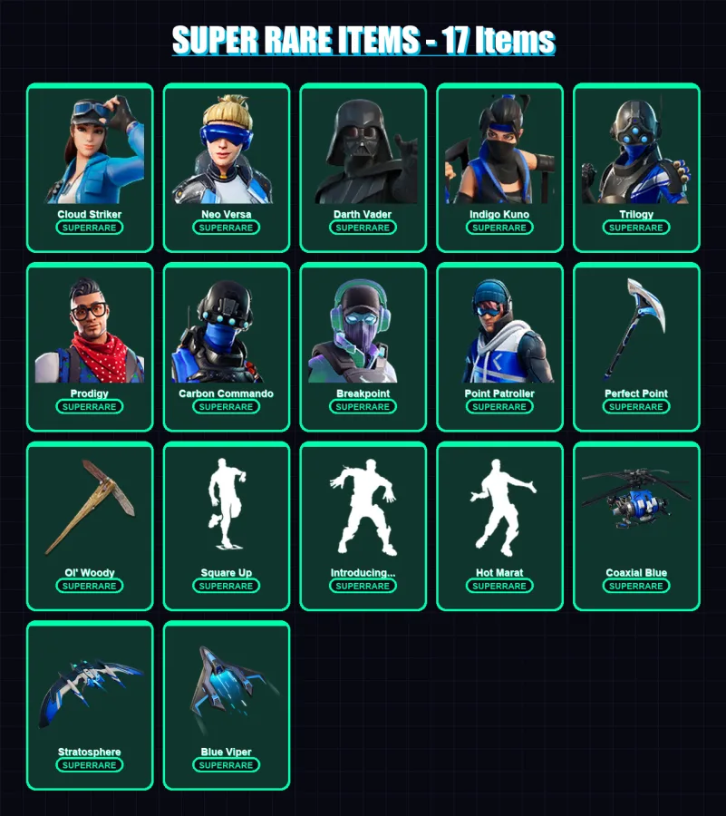 [PC/XBOX] | Cloud Striker | Neo Versa | Darth Vader | Indigo Kuno | Trilogy | 343 skin | 387 pickaxe | 357 emote | 282 glider | Lv5090