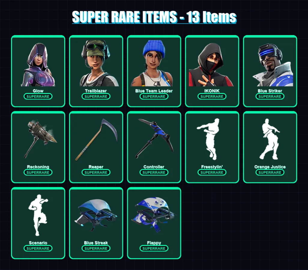 [PS4/PS5/XBOX/PC] | Glow | Trailblazer | Blue Team Leader | IKONIK | Blue Striker | 67 skin | 49 pickaxe | 58 emote | 63 glider | Lv1097