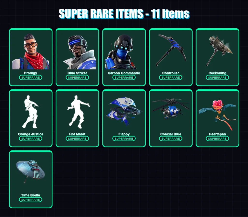 [PC/XBOX] | Prodigy | Blue Striker | Carbon Commando | Blackheart | Carbide | 66 skin | 39 pickaxe | 63 emote | 50 glider | Lv449 — Fortnite account