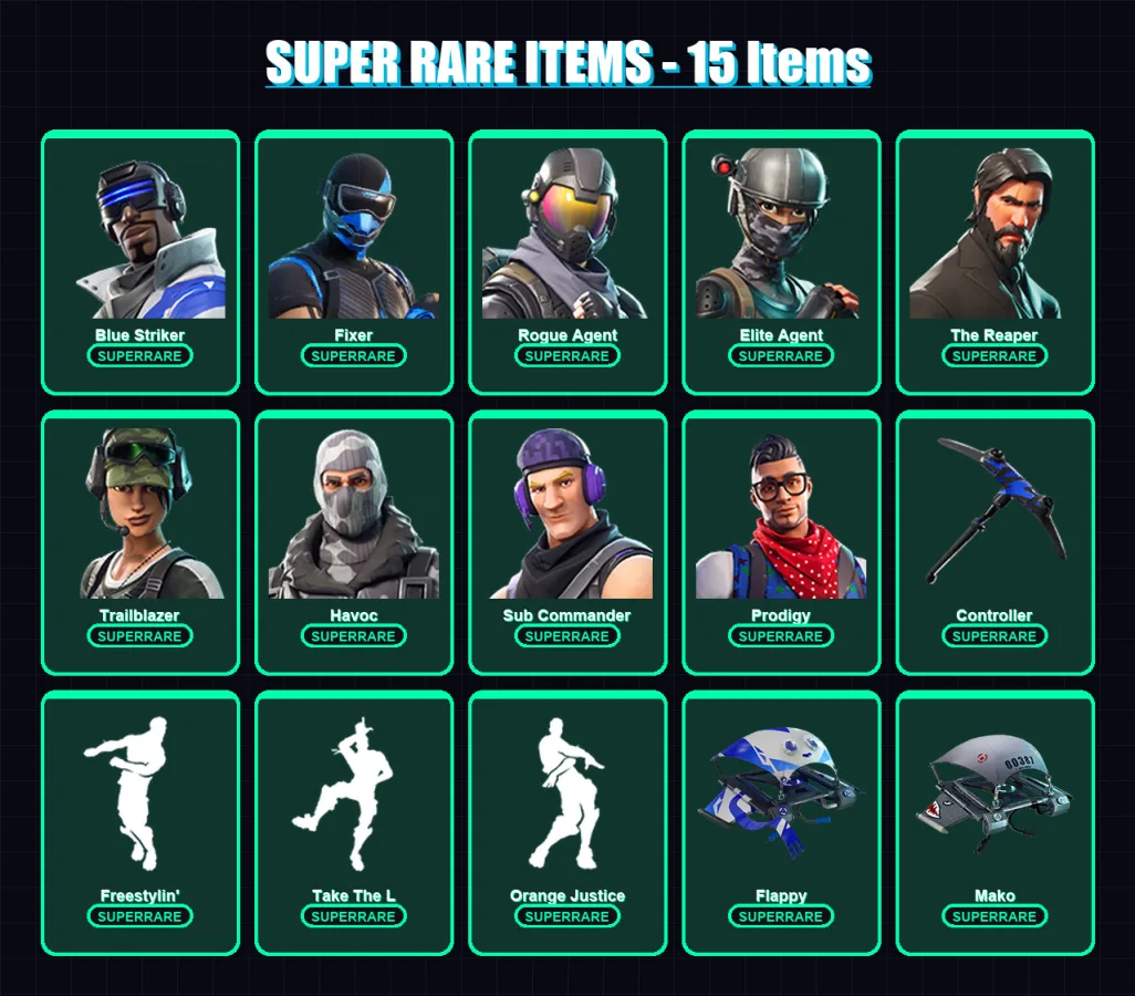 [PC/XBOX] | Blue Striker | Fixer | Rogue Agent | Elite Agent | The Reaper | 30 skin | 32 pickaxe | 29 emote | 31 glider | Lv402