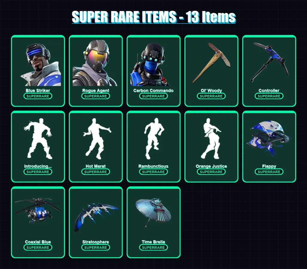 [PS4/PS5/XBOX/PC] | Blue Striker | Rogue Agent | Carbon Commando | Valor | Ragnarok | 58 skin | 120 pickaxe | 80 emote | 114 glider | Lv1719