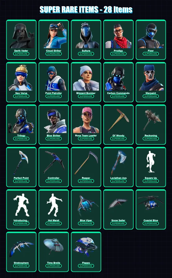 [PS4/PS5/XBOX/PC] | Darth Vader | Cloud Striker | Sultura | Prodigy | Fixer | 257 skin | 256 pickaxe | 208 emote | 207 glider | Lv2994