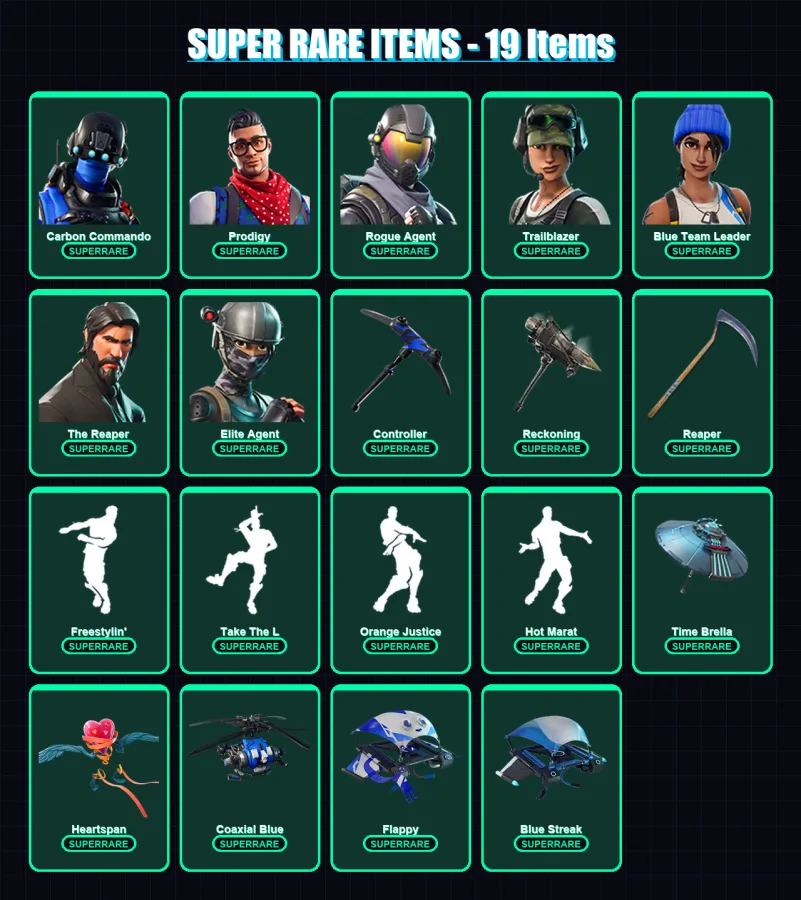 [SWITCH/XBOX/PC] | Carbon Commando | Prodigy | Rogue Agent | Trailblazer | Blue Team Leader | 64 skin | 58 pickaxe | 67 emote | 69 glider | Lv924
