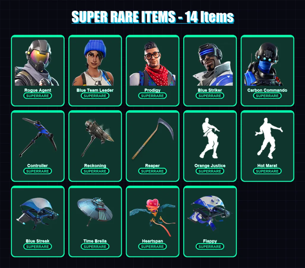 [PS4/PS5/XBOX/PC] | Rogue Agent | Blue Team Leader | Prodigy | Blue Striker | Carbon Commando | 51 skin | 44 pickaxe | 50 emote | 52 glider | Lv799