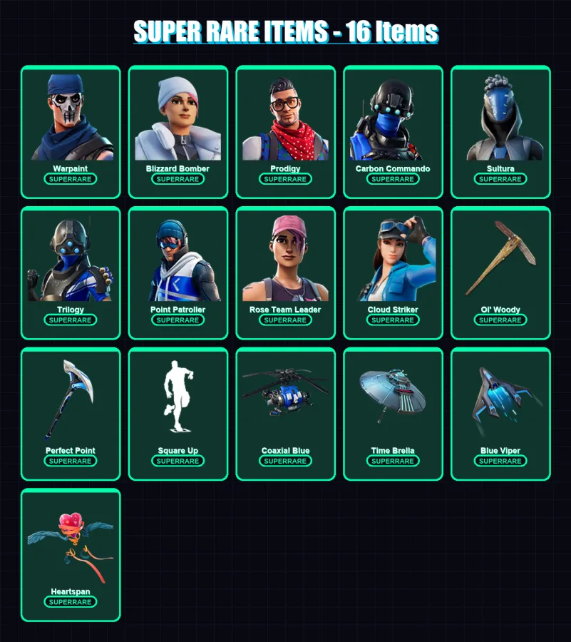 [PS4/PS5/XBOX/PC] | Warpaint | Blizzard Bomber | Prodigy | Carbon Commando | Sultura | 64 skin | 81 pickaxe | 80 emote | 81 glider | Lv1006