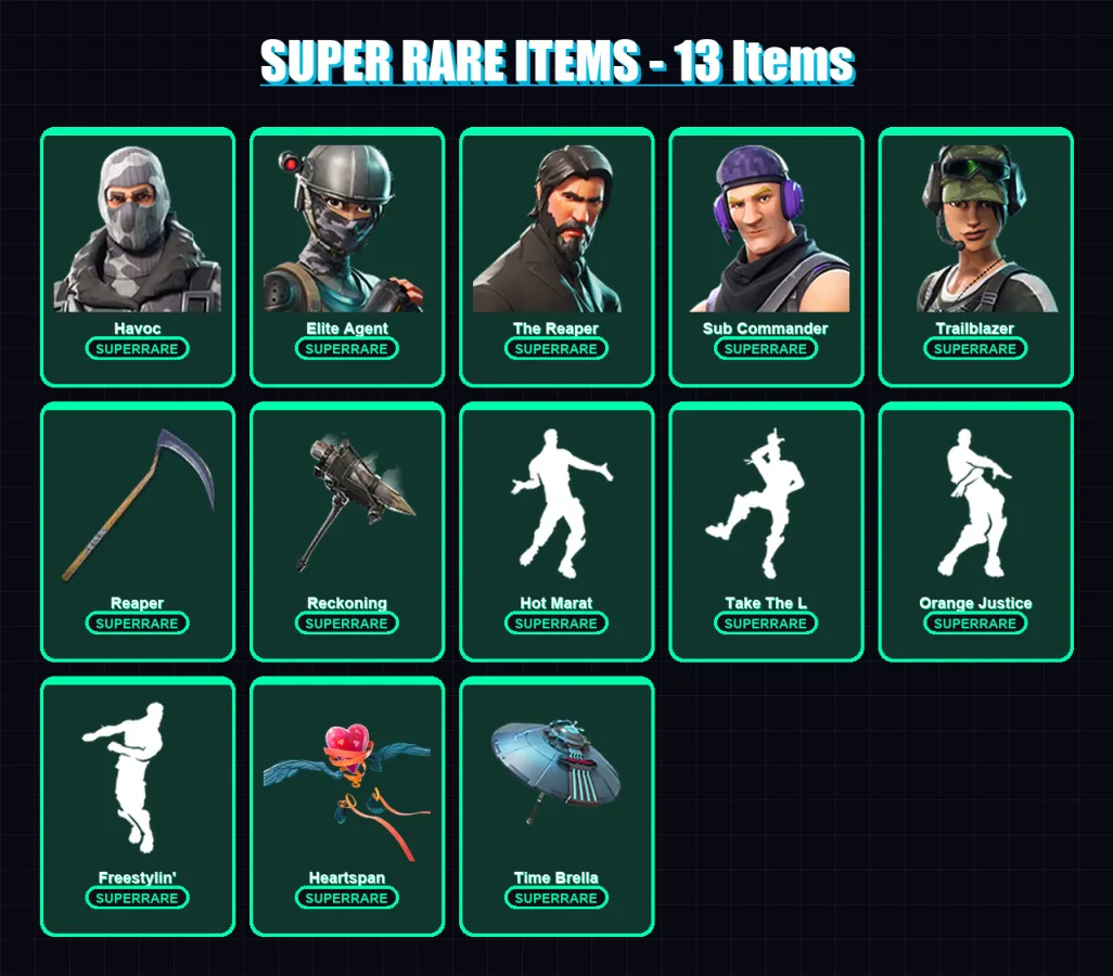 [PC/PSN] | Havoc | Elite Agent | The Reaper | Sub Commander | Trailblazer | 123 skin | 88 pickaxe | 103 emote | 94 glider | Lv1219