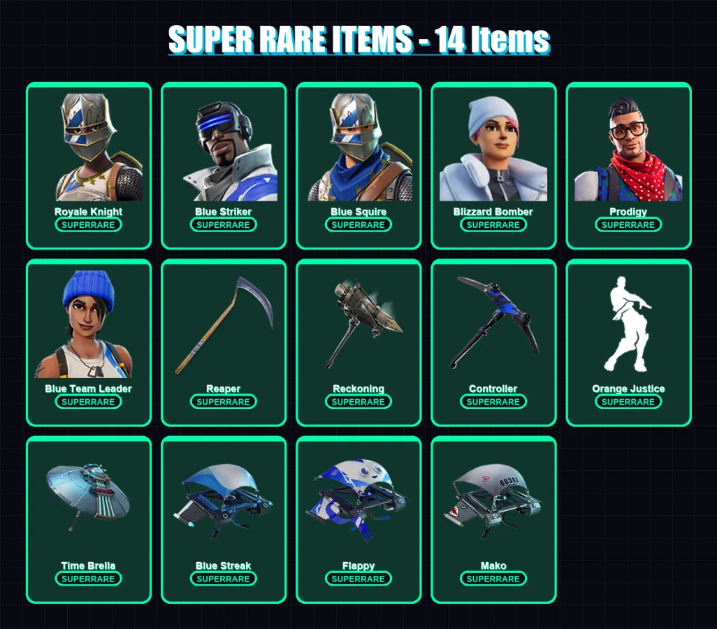 [PC/XBOX] | Royale Knight | Blue Striker | Blue Squire | Blizzard Bomber | Prodigy | 116 skin | 144 pickaxe | 111 emote | 130 glider | Lv2005