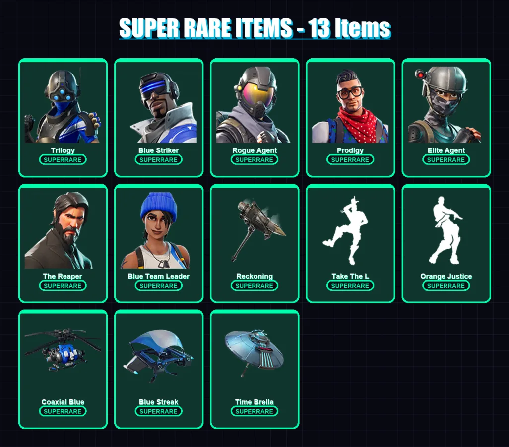 [PC/XBOX/PSN] | Trilogy | Blue Striker | Rogue Agent | Prodigy | Elite Agent | 28 skin | 24 pickaxe | 32 emote | 28 glider | Lv445 — Fortnite account