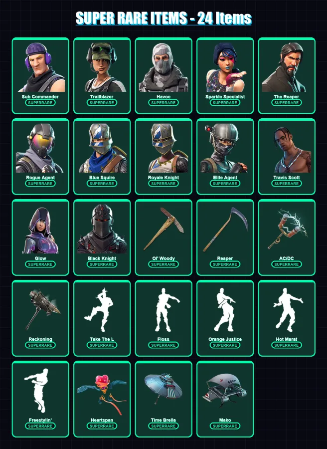 [PC/XBOX/PSN] | Sub Commander | Trailblazer | Havoc | Sparkle Specialist | The Reaper | 202 skin | 173 pickaxe | 152 emote | 155 glider | Lv2309
