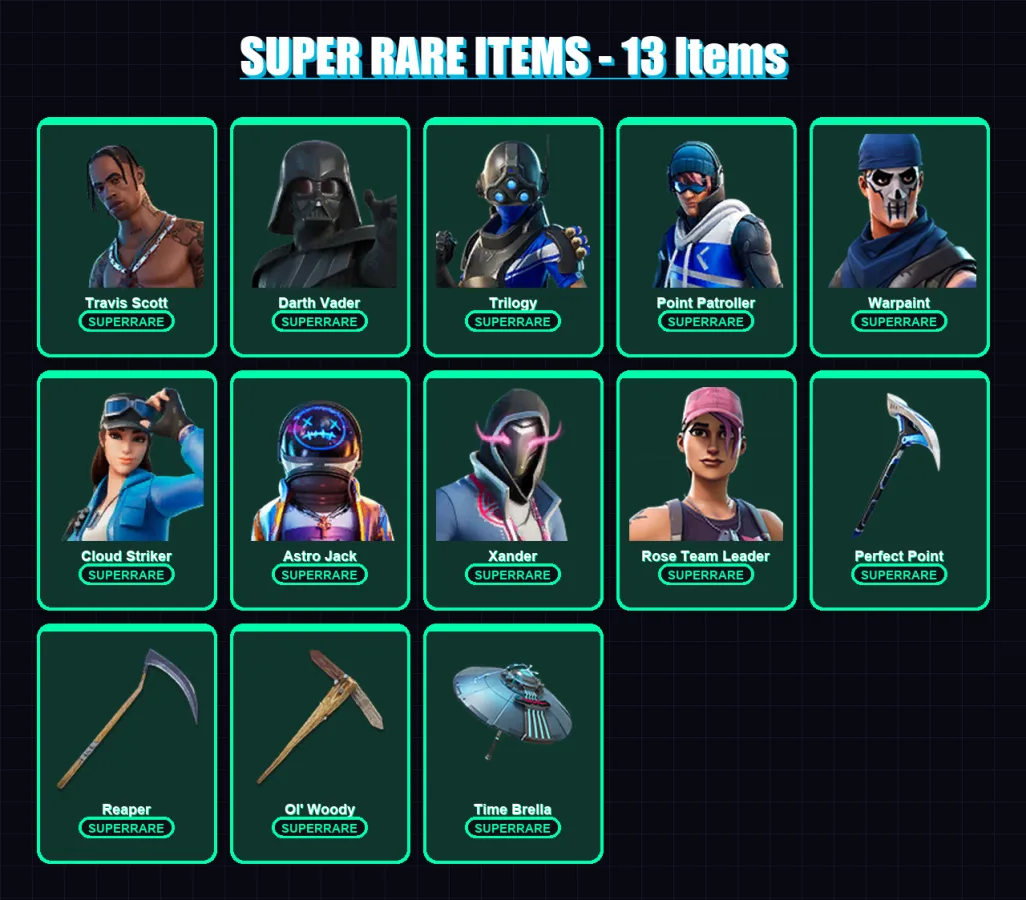 [PS4/PS5/PC] | Travis Scott | Darth Vader | Trilogy | Point Patroller | Warpaint | 161 skin | 180 pickaxe | 144 emote | 146 glider | Lv2773