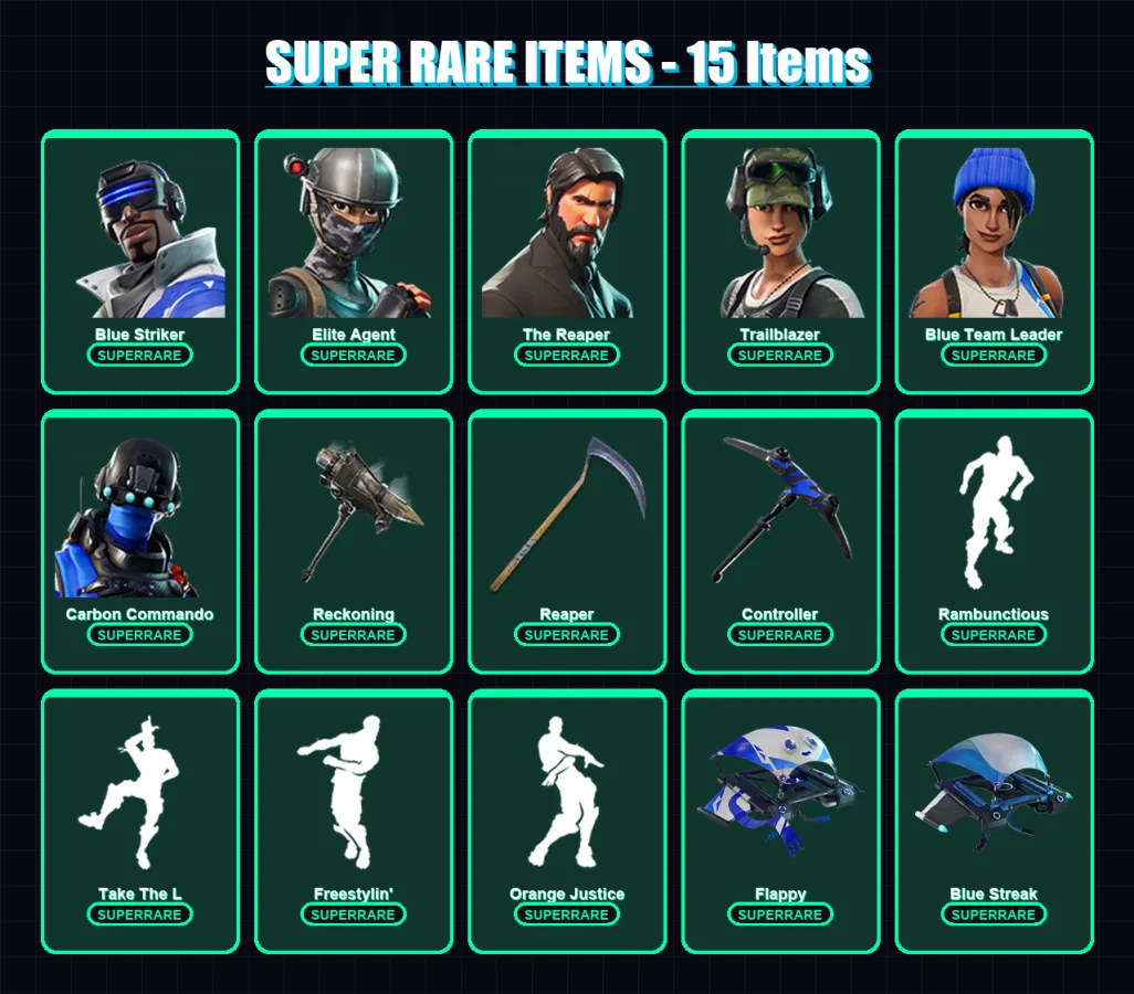 [PC/XBOX] | Blue Striker | Elite Agent | The Reaper | Trailblazer | Blue Team Leader | 61 skin | 61 pickaxe | 58 emote | 44 glider | Lv611