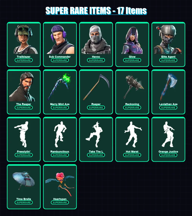 [PC/XBOX/PSN] | Trailblazer | Sub Commander | Havoc | Glow | Elite Agent | 133 skin | 156 pickaxe | 120 emote | 153 glider | Lv2596