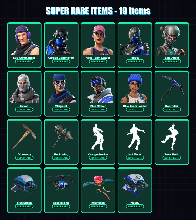 [PS4/PS5/XBOX/PC] | Sub Commander | Carbon Commando | Rose Team Leader | Trilogy | Elite Agent | 71 skin | 56 pickaxe | 62 emote | 64 glider | Lv661