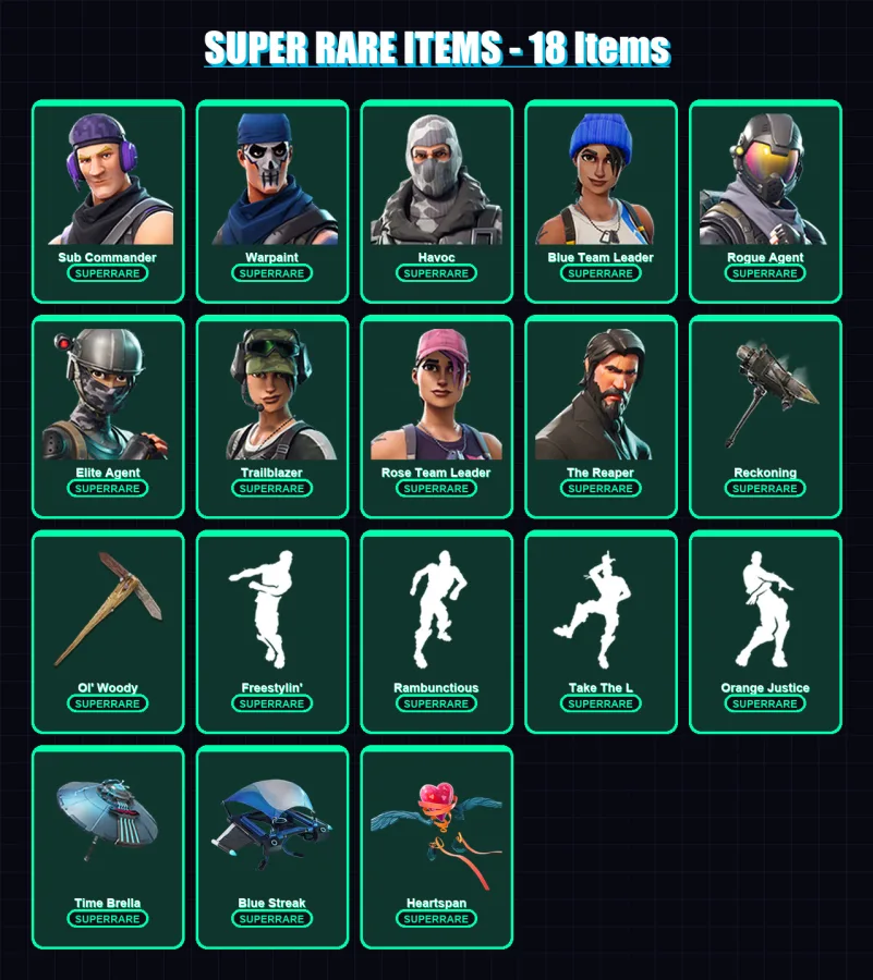 [PC/XBOX/PSN] | Sub Commander | Warpaint | Havoc | Blue Team Leader | Rogue Agent | 56 skin | 64 pickaxe | 71 emote | 62 glider | Lv945