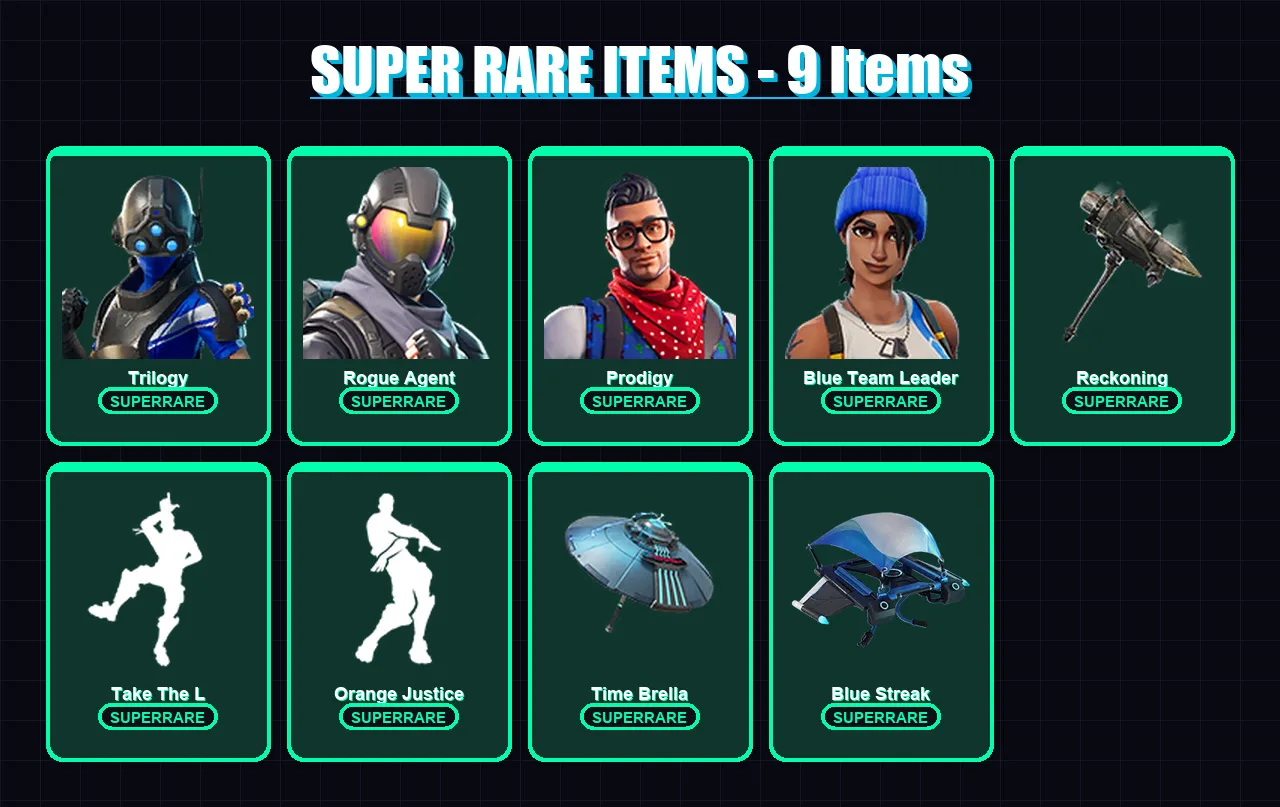 [PS4/PS5/XBOX/PC] | Trilogy | Rogue Agent | Prodigy | Blue Team Leader | The Visitor | 85 skin | 61 pickaxe | 62 emote | 72 glider | Lv943