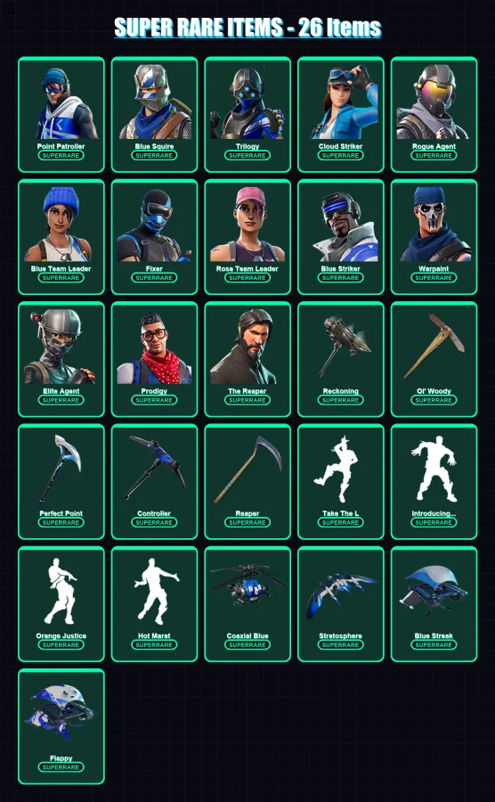 [PC/XBOX] | Point Patroller | Blue Squire | Trilogy | Cloud Striker | Rogue Agent | 106 skin | 81 pickaxe | 93 emote | 76 glider | Lv925