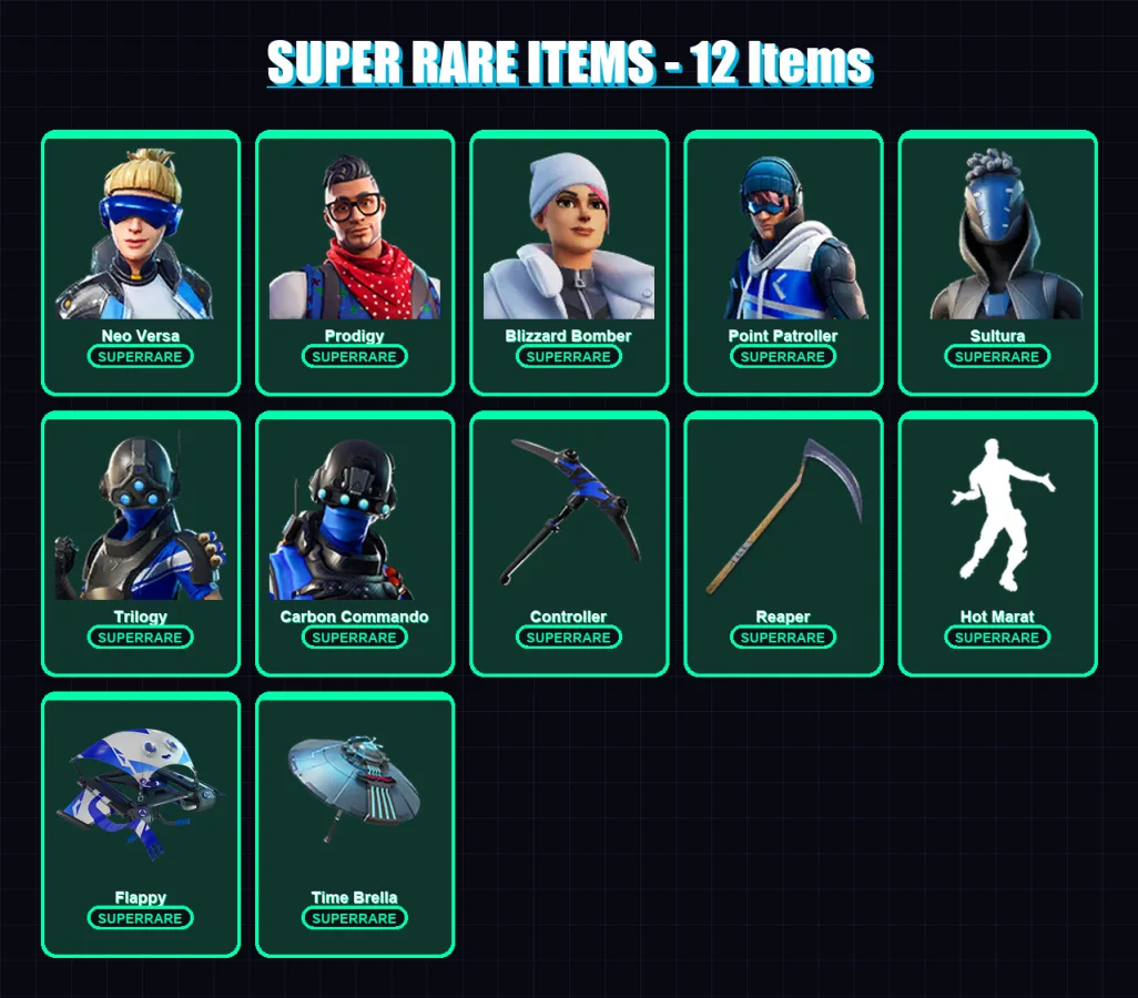 [PC/XBOX/PSN] | Cobalt Snowfoot | Neo Versa | Prodigy | Blizzard Bomber | Point Patroller | 72 skin | 117 pickaxe | 90 emote | 98 glider | Lv1557