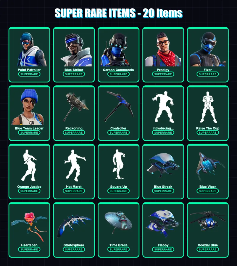 [PS4/PS5/XBOX/PC] | Point Patroller | Blue Striker | Carbon Commando | Prodigy | Fixer | 136 skin | 158 pickaxe | 141 emote | 171 glider | Lv2100 — Fortnite account