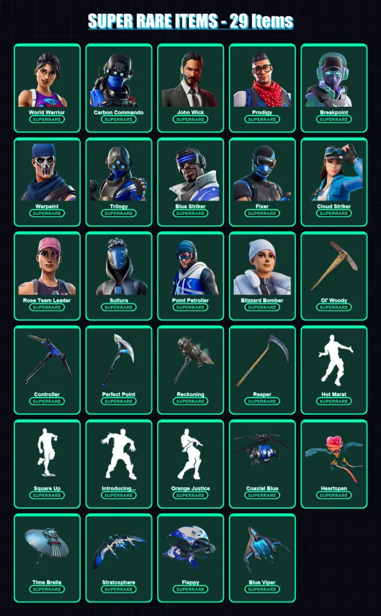[PS4/PS5/XBOX/PC] | World Warrior | Carbon Commando | John Wick | Prodigy | Breakpoint | 334 skin | 270 pickaxe | 225 emote | 203 glider | Lv2316