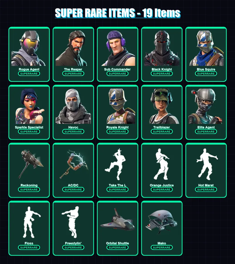 [PC/XBOX] | Rogue Agent | The Reaper | Sub Commander | Black Knight | Blue Squire | 69 skin | 32 pickaxe | 54 emote | 44 glider | Lv357