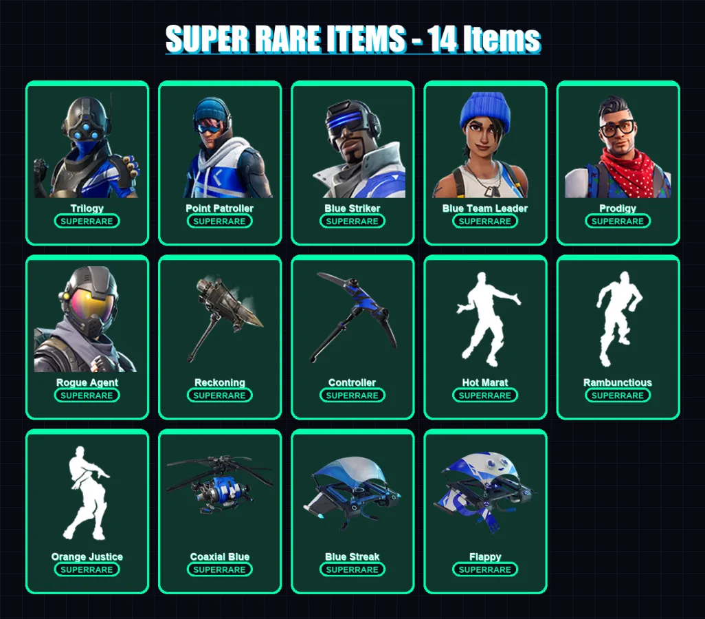 [PS4/PS5/XBOX/PC] | Trilogy | Point Patroller | Blue Striker | Blue Team Leader | Prodigy | 30 skin | 24 pickaxe | 31 emote | 30 glider | Lv532