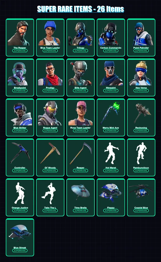 [PC/XBOX] | The Reaper | Blue Team Leader | Trilogy | Carbon Commando | Point Patroller | 132 skin | 117 pickaxe | 124 emote | 106 glider | Lv1581