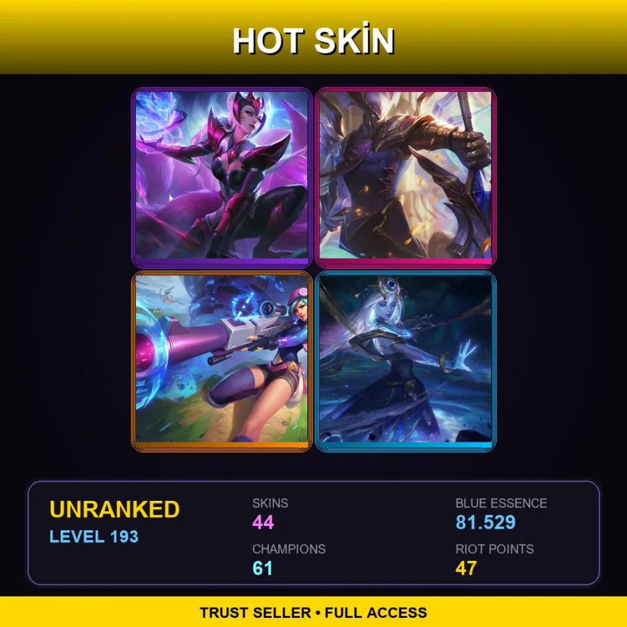 EUW | Lv193 | Unranked | 44 Skin | 61 Champ — LoL account