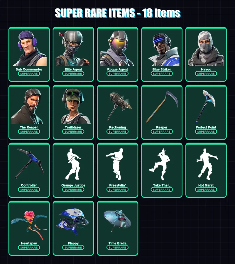 [PC] | Sub Commander | Elite Agent | Rogue Agent | Blue Striker | Havoc | 117 skin | 121 pickaxe | 98 emote | 101 glider | Lv1224