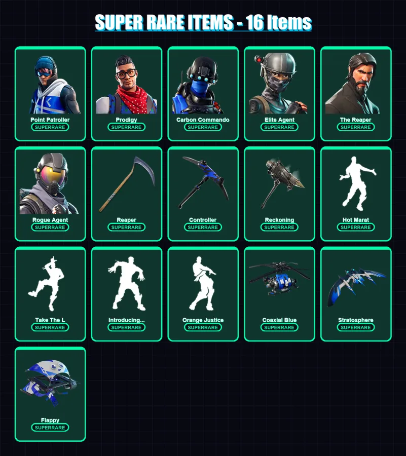 [PS4/PS5/XBOX/PC] | Point Patroller | Prodigy | Carbon Commando | Elite Agent | The Reaper | 65 skin | 48 pickaxe | 74 emote | 54 glider | Lv722 — Fortnite account