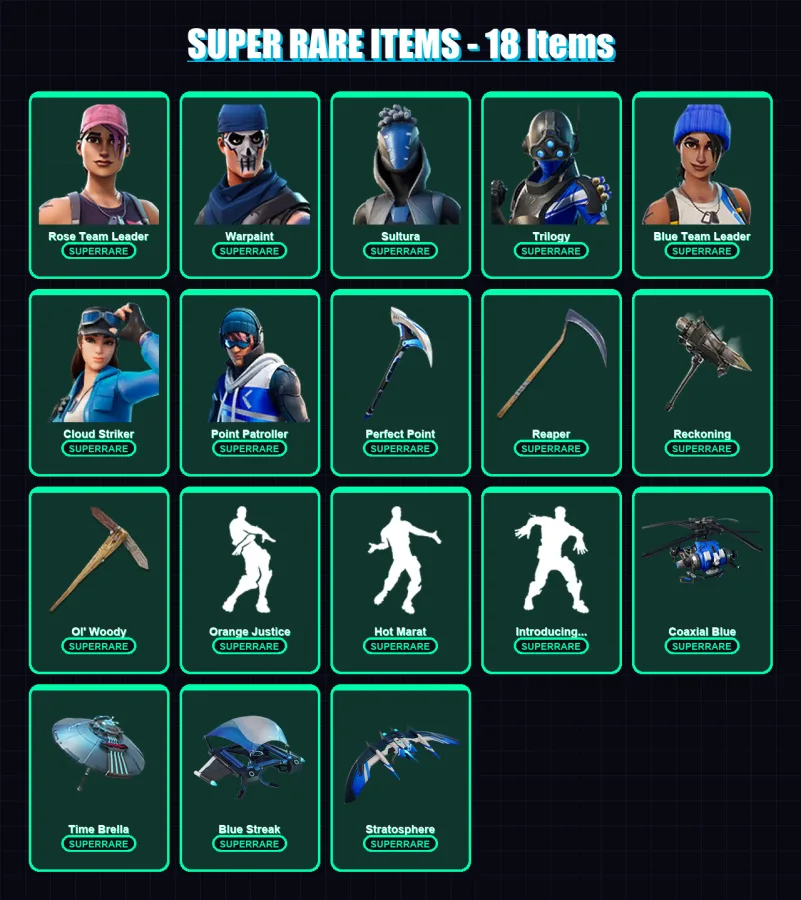 [PC] | Rose Team Leader | Warpaint | Sultura | Trilogy | Blue Team Leader | 151 skin | 151 pickaxe | 127 emote | 126 glider | Lv1931