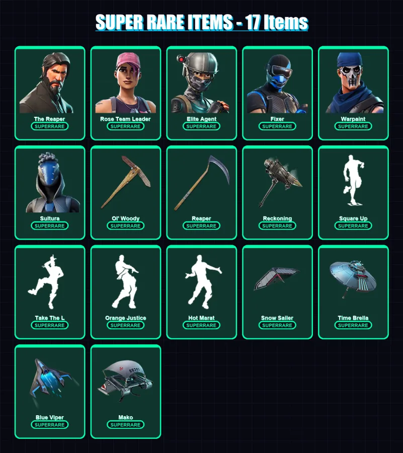 [PS4/PS5/XBOX/PC] | The Reaper | Rose Team Leader | Elite Agent | Fixer | Warpaint | 114 skin | 145 pickaxe | 143 emote | 127 glider | Lv2096