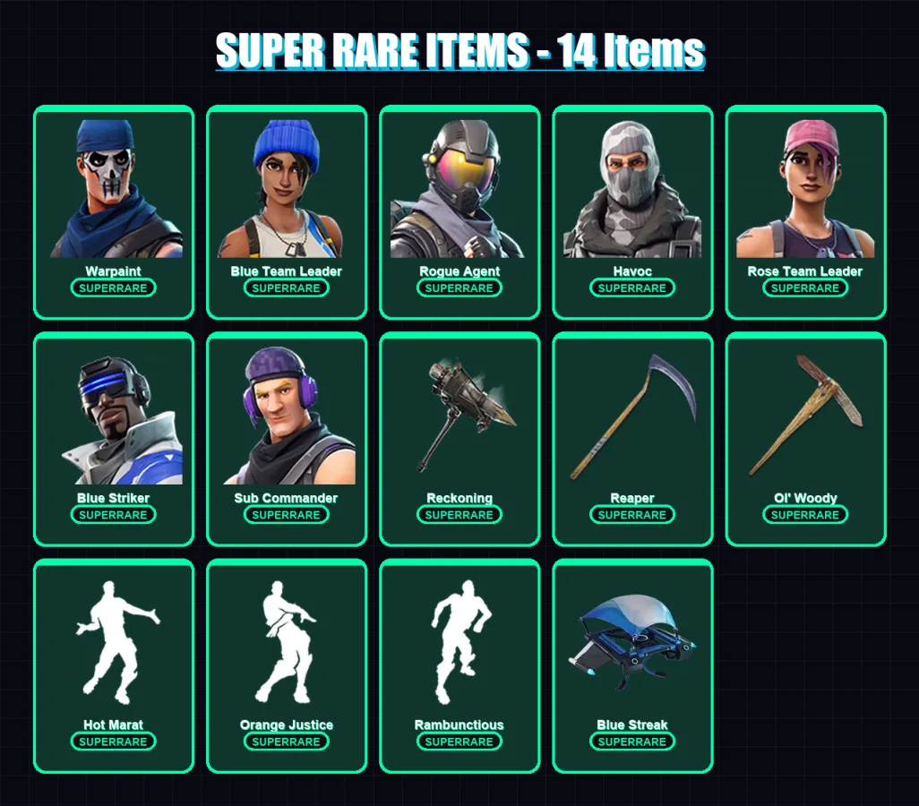 [PS4/PS5/XBOX/PC] | Warpaint | Blue Team Leader | Rogue Agent | Havoc | Rose Team Leader | 61 skin | 44 pickaxe | 62 emote | 54 glider | Lv656