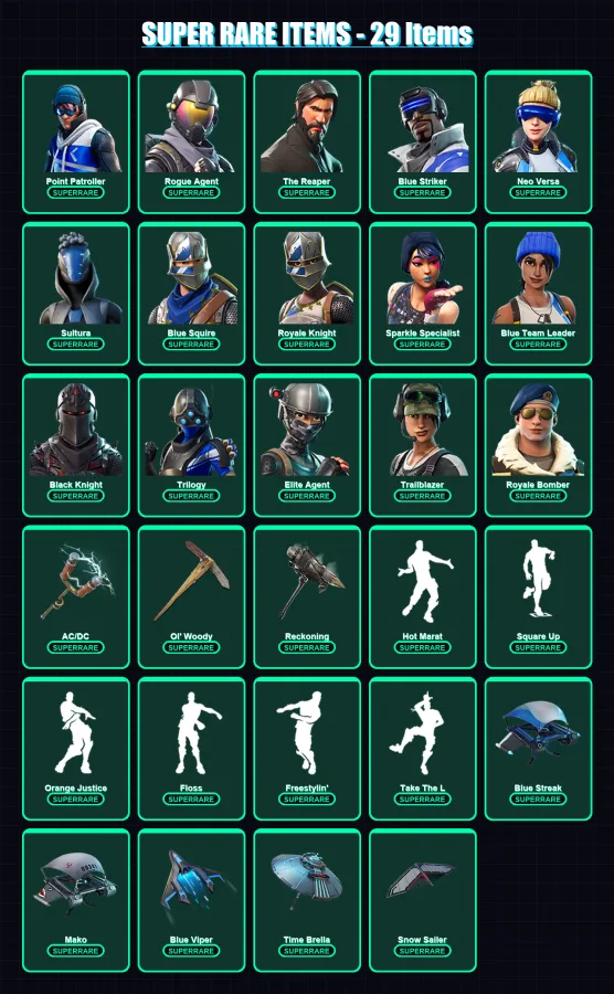 [PS4/PS5/XBOX/PC] | Point Patroller | Rogue Agent | The Reaper | Blue Striker | Neo Versa | 105 skin | 78 pickaxe | 95 emote | 85 glider | Lv1277