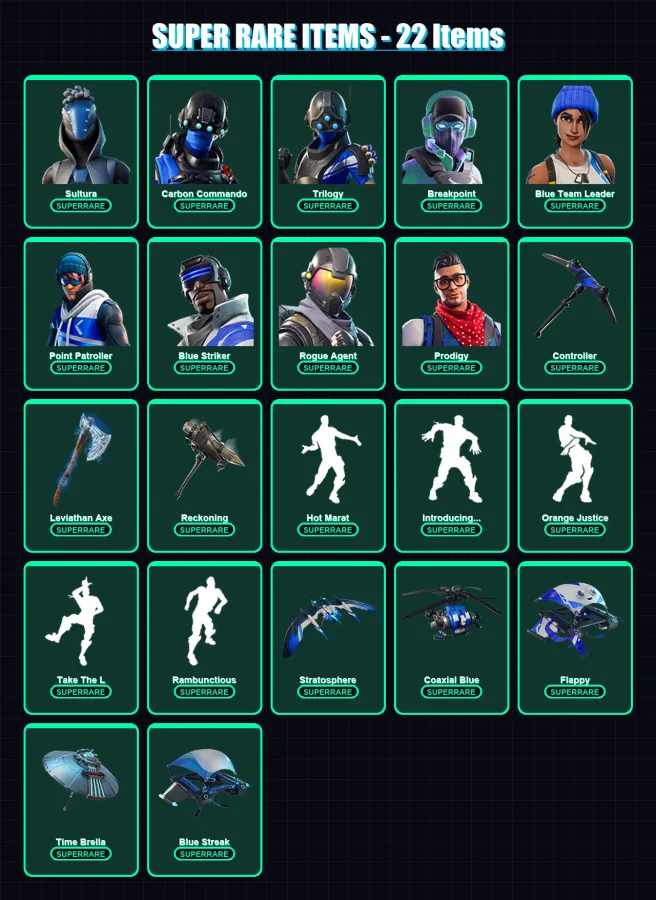 [PS4/PS5/XBOX/PC] | Sultura | Carbon Commando | Trilogy | Breakpoint | Blue Team Leader | 179 skin | 187 pickaxe | 155 emote | 165 glider | Lv2353