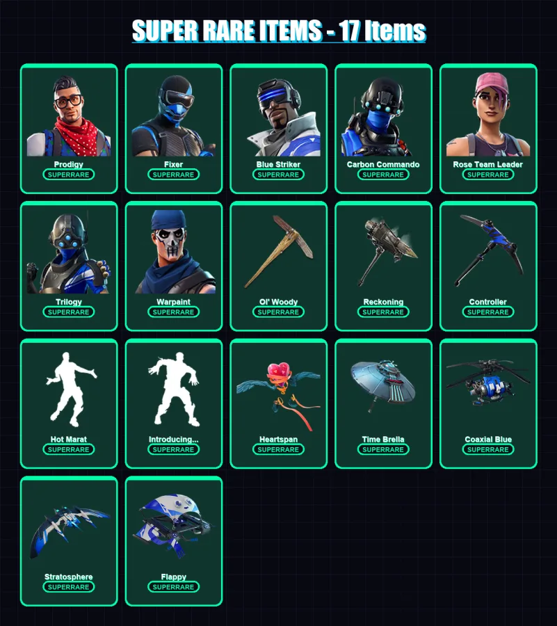 [SWITCH/XBOX/PC] | Prodigy | Fixer | Blue Striker | Carbon Commando | Rose Team Leader | 49 skin | 78 pickaxe | 79 emote | 81 glider | Lv1188 — Fortnite account