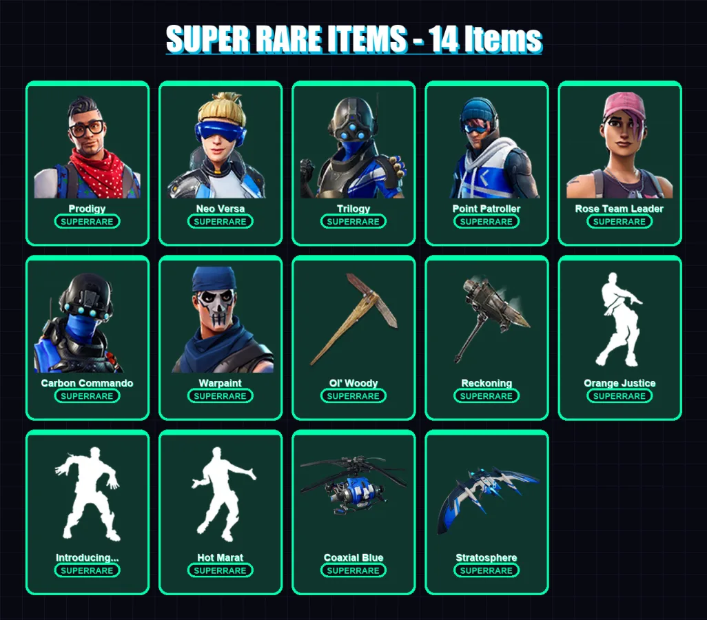 [PS4/PS5/PC] | Prodigy | Neo Versa | Trilogy | Point Patroller | Rose Team Leader | 107 skin | 101 pickaxe | 99 emote | 89 glider | Lv1071