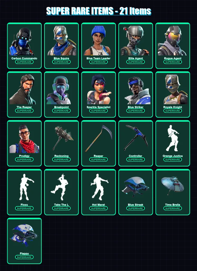 [PC/XBOX] | Carbon Commando | Blue Squire | Blue Team Leader | Elite Agent | Rogue Agent | 125 skin | 121 pickaxe | 105 emote | 120 glider | Lv1720